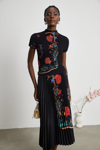 La Jardin Minuit — Printed knit top and pleated midi skirt
