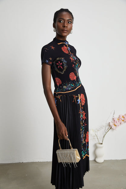 La Jardin Minuit — Printed knit top and pleated midi skirt
