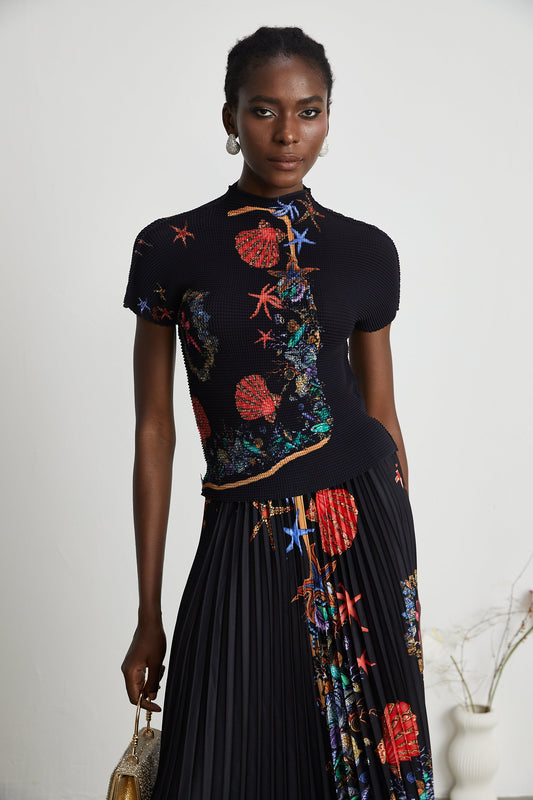 La Jardin Minuit — Printed knit top and pleated midi skirt