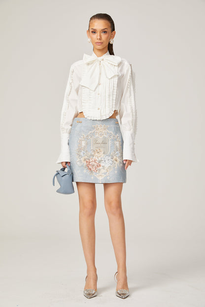 La Foulard Éthérée — Pleated scarf-collar cropped blouse