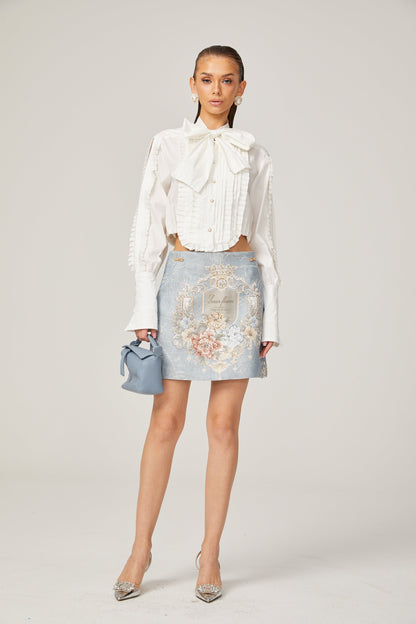 La Foulard Éthérée — Pleated scarf-collar cropped blouse
