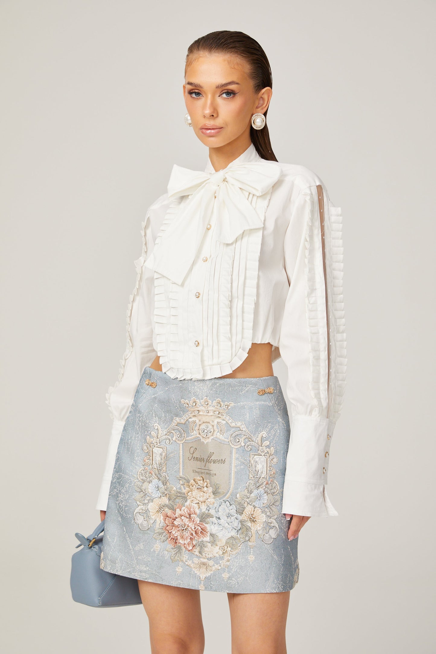 La Foulard Éthérée — Pleated scarf-collar cropped blouse