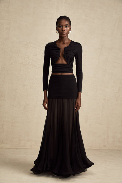 La Noir Drapée — Sculpted open-front top