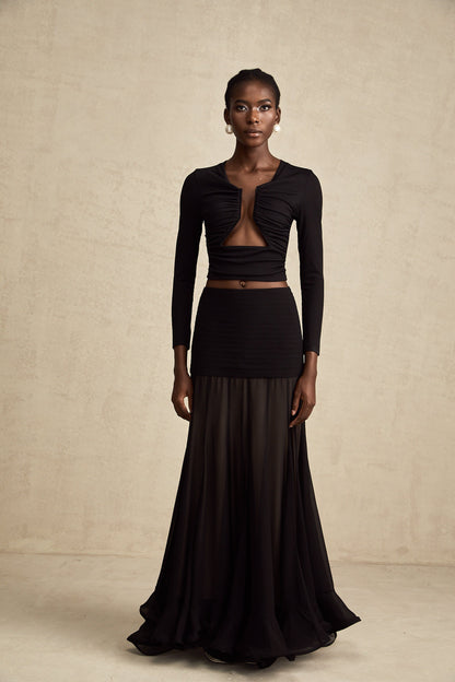 La Noir Drapée — Sculpted open-front top
