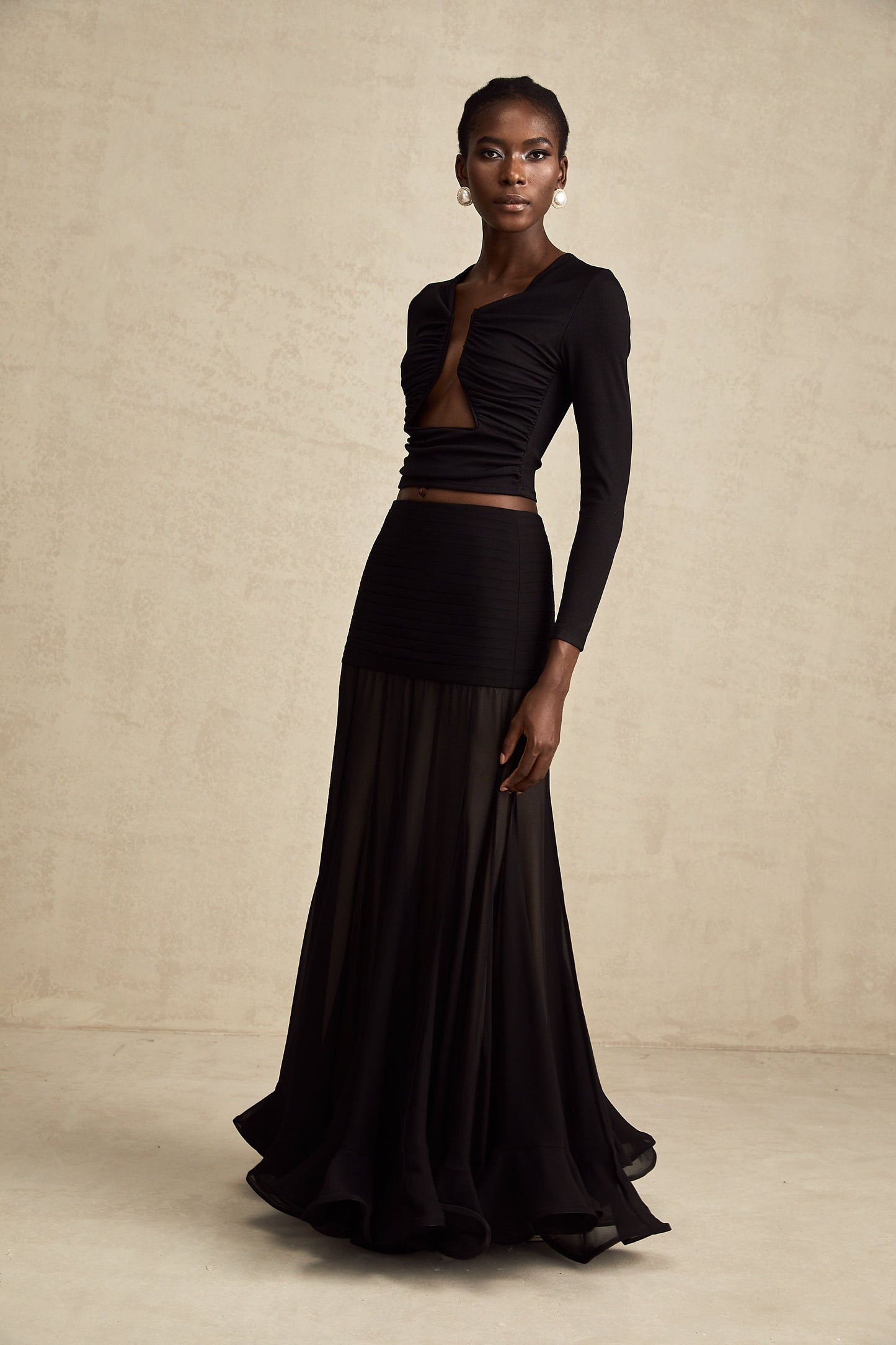 La Noir Drapée — Sculpted open-front top