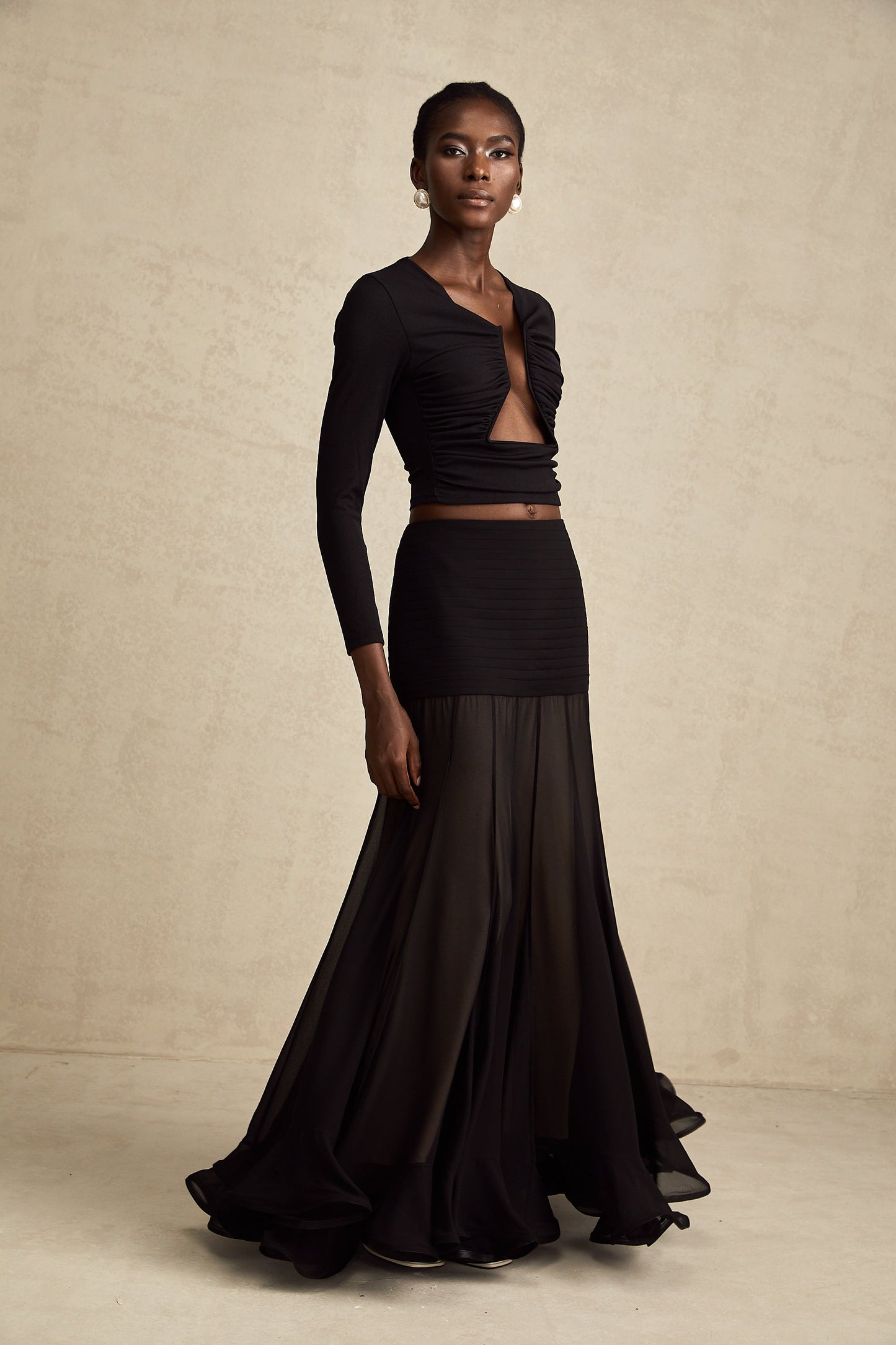 La Noir Drapée — Sculpted open-front top