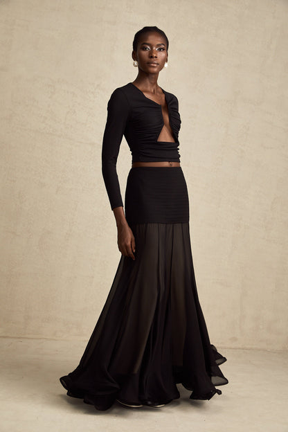 La Noir Drapée — Sculpted open-front top