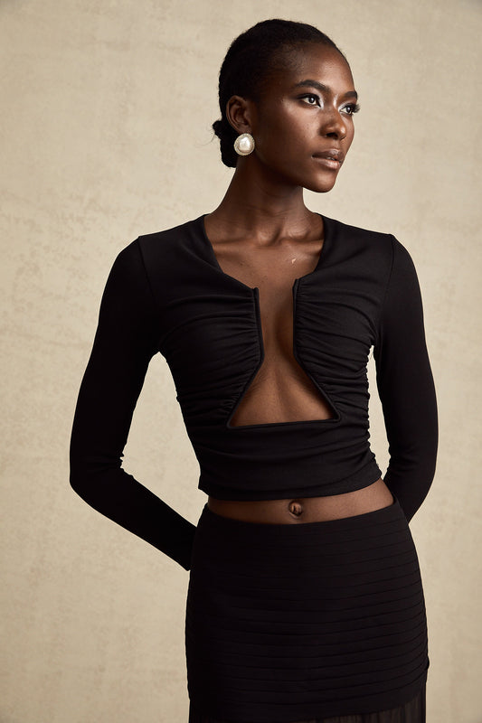 La Noir Drapée — Sculpted open-front top