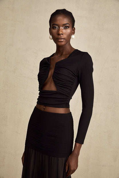 La Noir Drapée — Sculpted open-front top