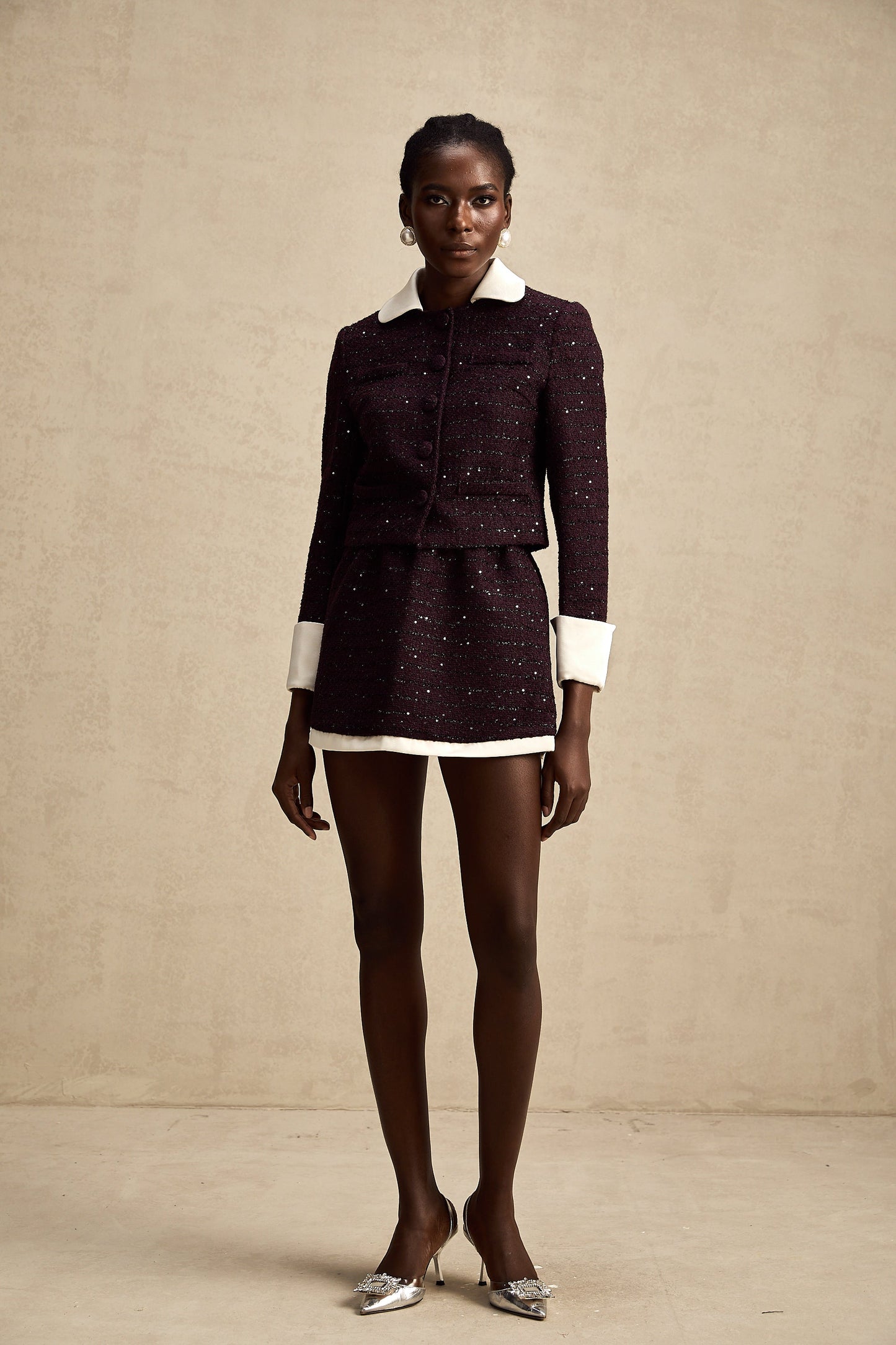 La Pourpre Éclatante — Cropped tweed jacket and mini skirt set