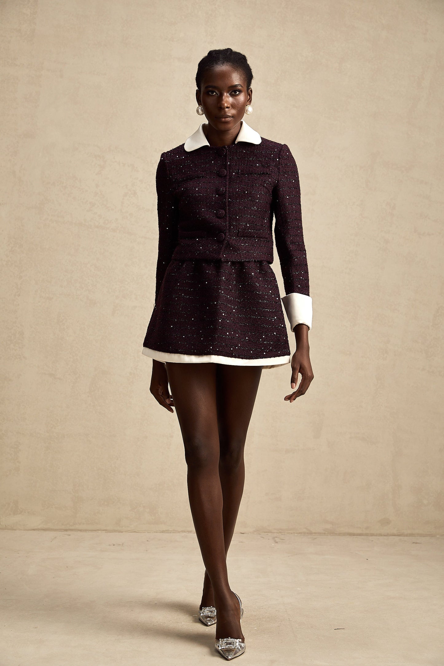 La Pourpre Éclatante — Cropped tweed jacket and mini skirt set