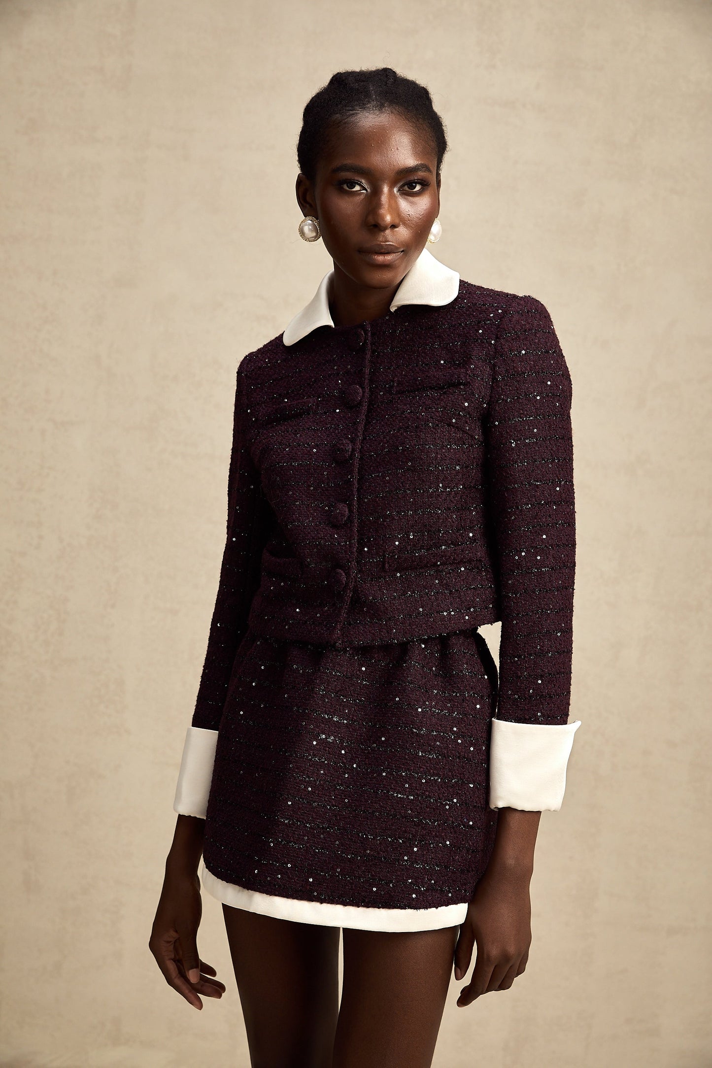 La Minuit — Sequin tweed cropped jacket and mini skirt