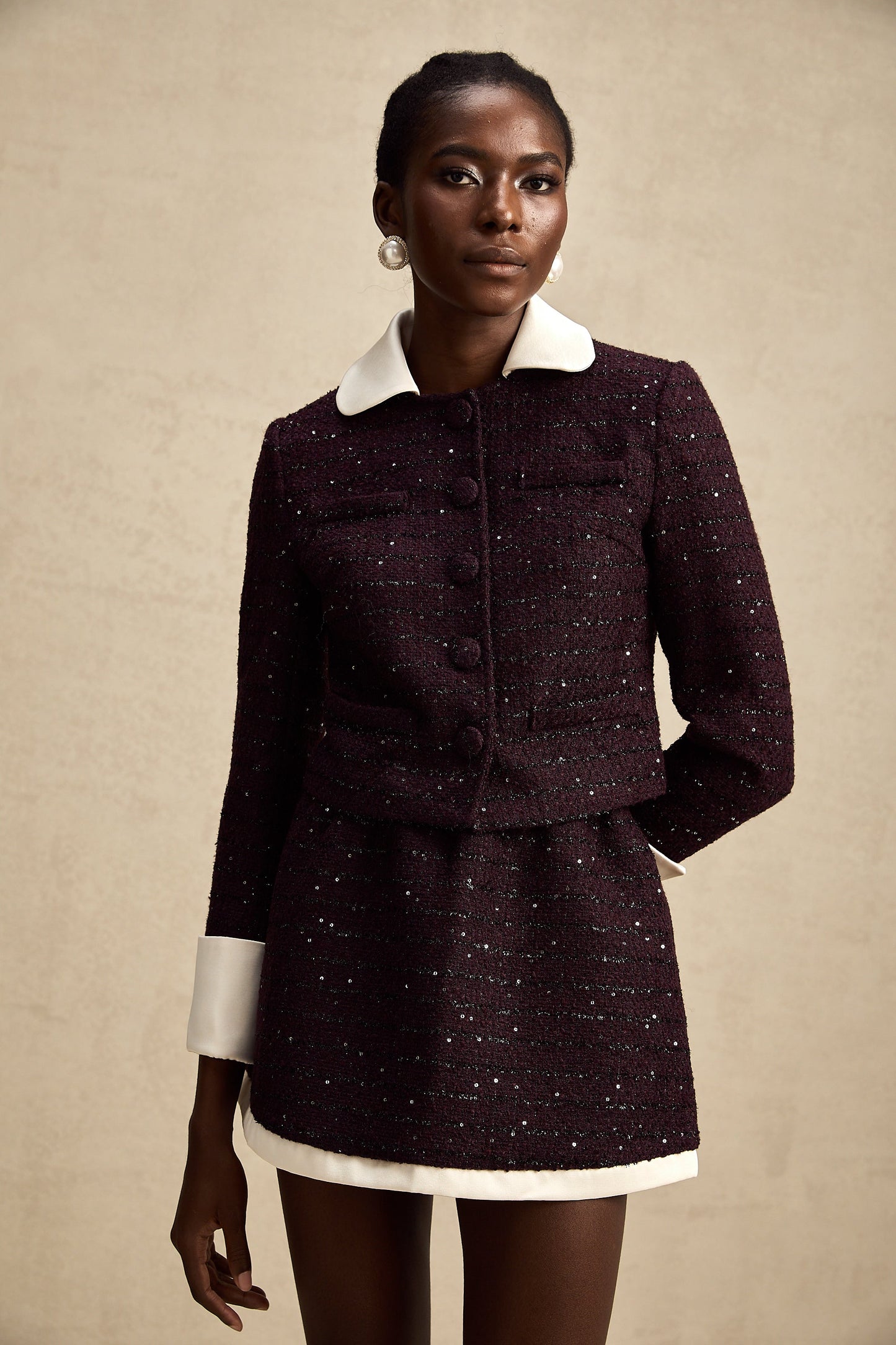 La Pourpre Éclatante — Cropped tweed jacket and mini skirt set