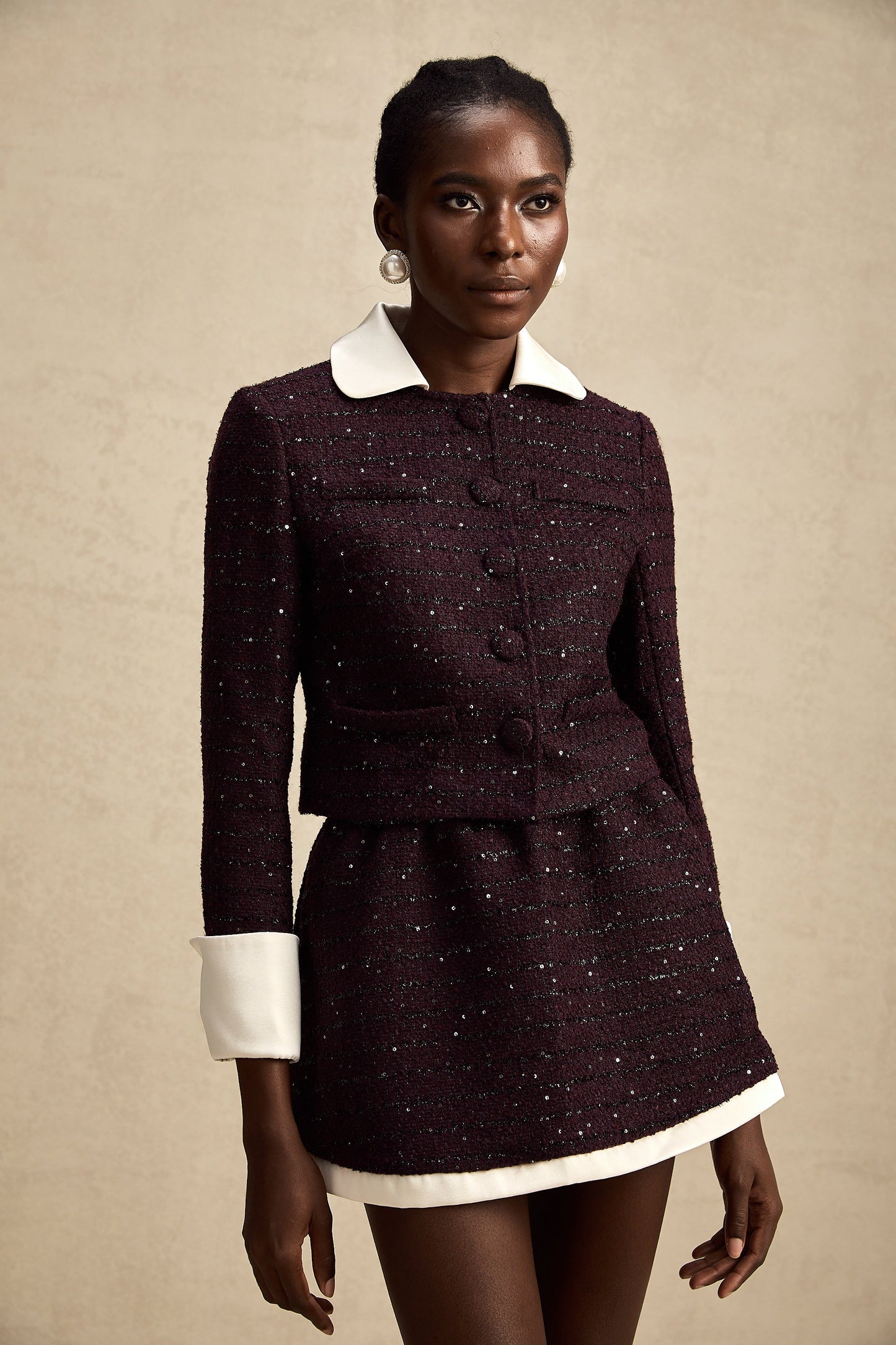 La Minuit — Sequin tweed cropped jacket and mini skirt