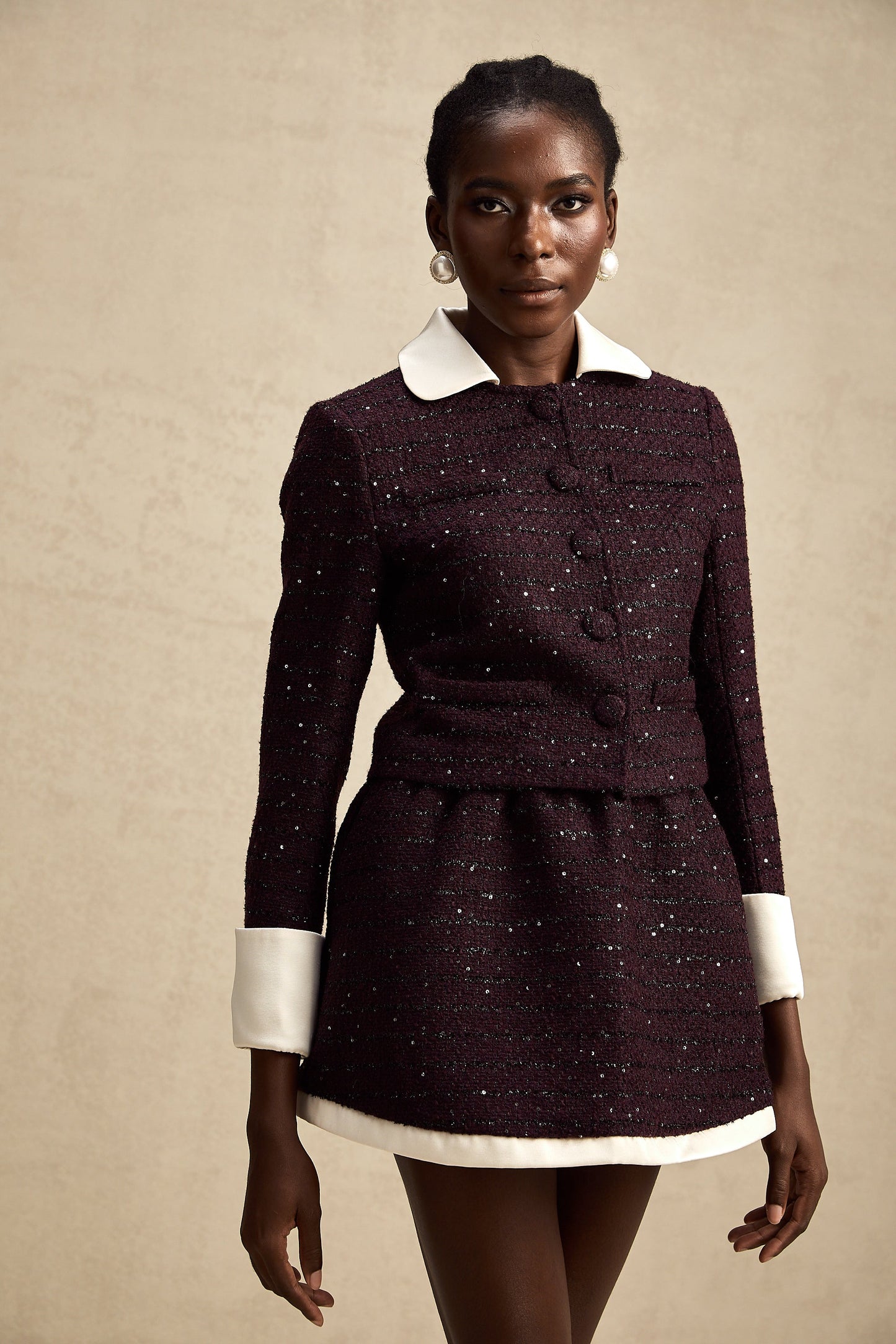 La Pourpre Éclatante — Cropped tweed jacket and mini skirt set