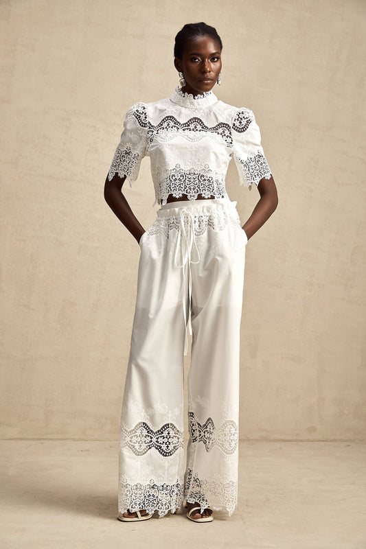 La Coupe Épure — Cropped lace-trim top and wide-leg trousers