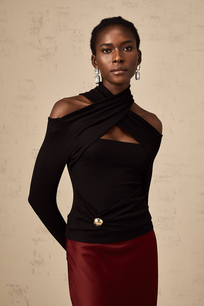 La Drapée Nocturne — Halterneck cut-out jersey top