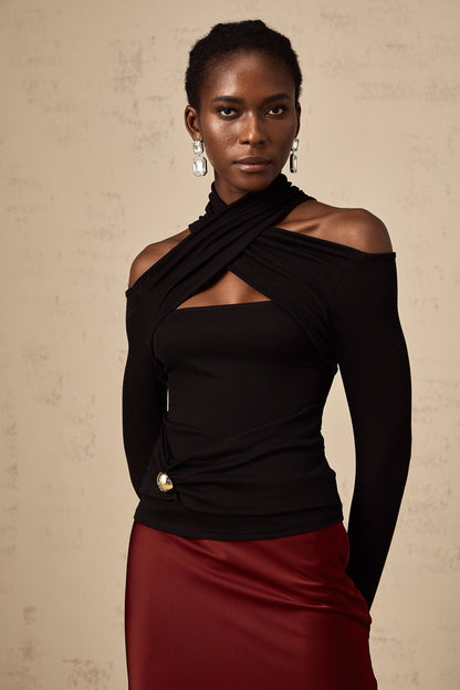 La Drapée Nocturne — Halterneck cut-out jersey top