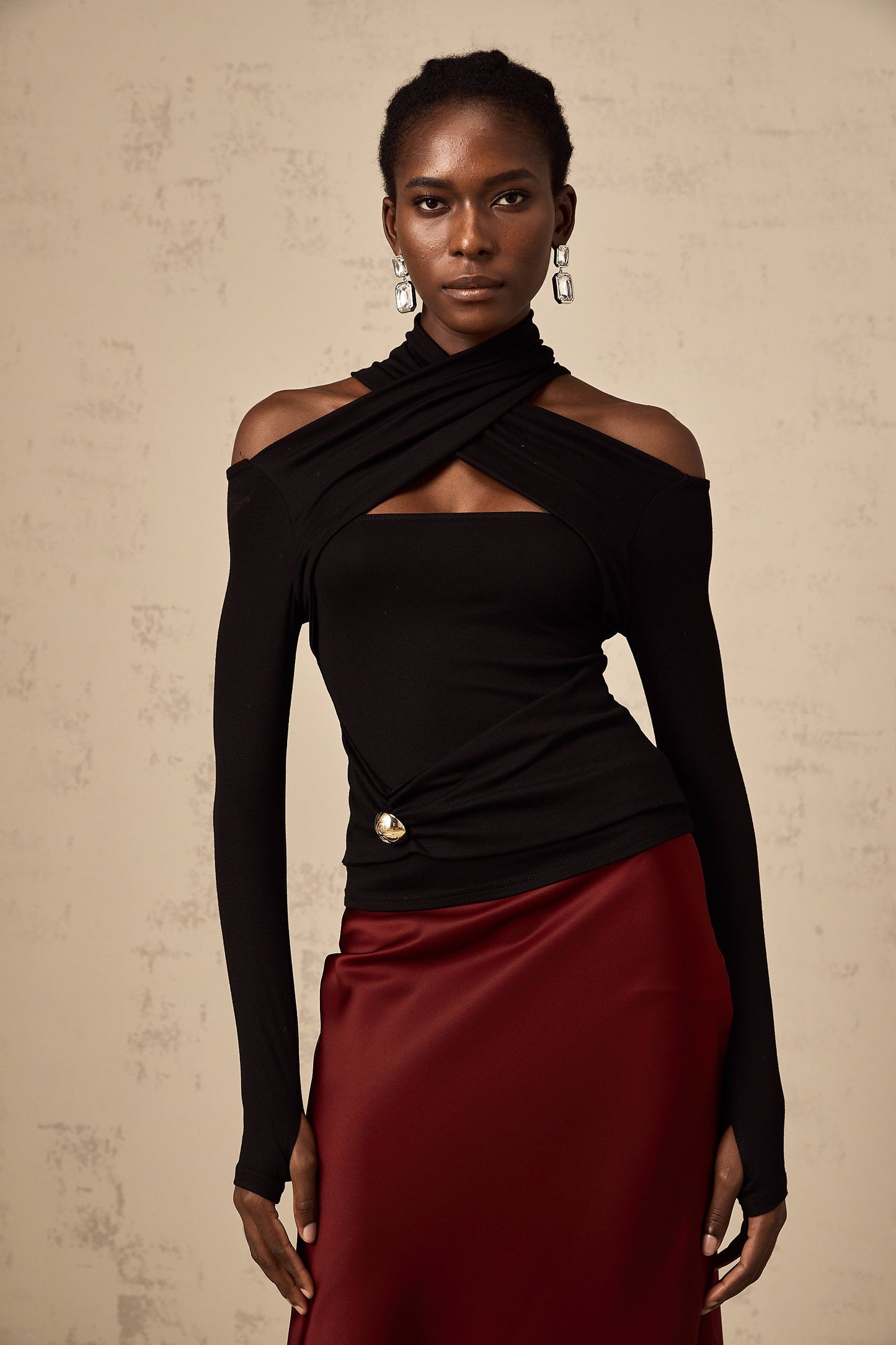 La Drapée Nocturne — Halterneck cut-out jersey top