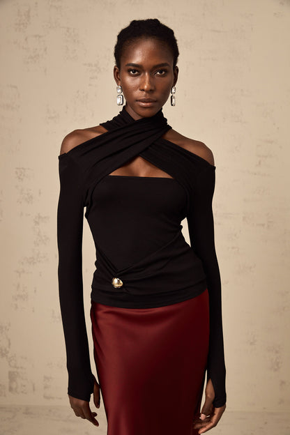 La Drapée Nocturne — Halterneck cut-out jersey top