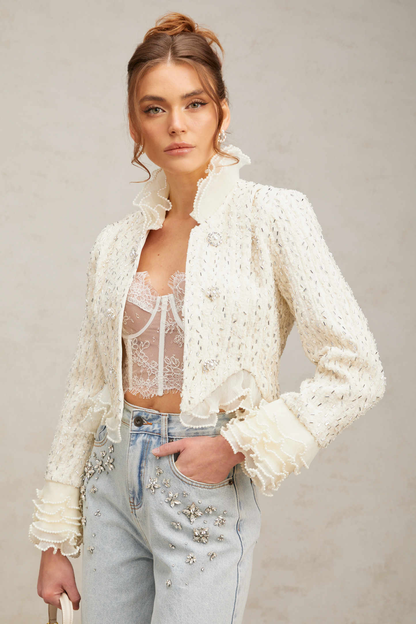 La Perle Éthérée — Pearl-embellished cropped jacket