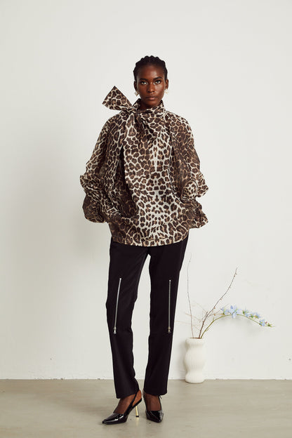 La Fauve — Leopard silk-touch blouse with scarf tie