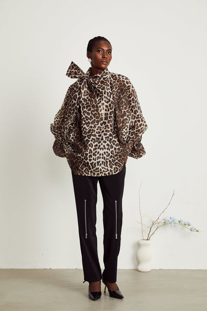 La Fauve — Leopard silk-touch blouse with scarf tie