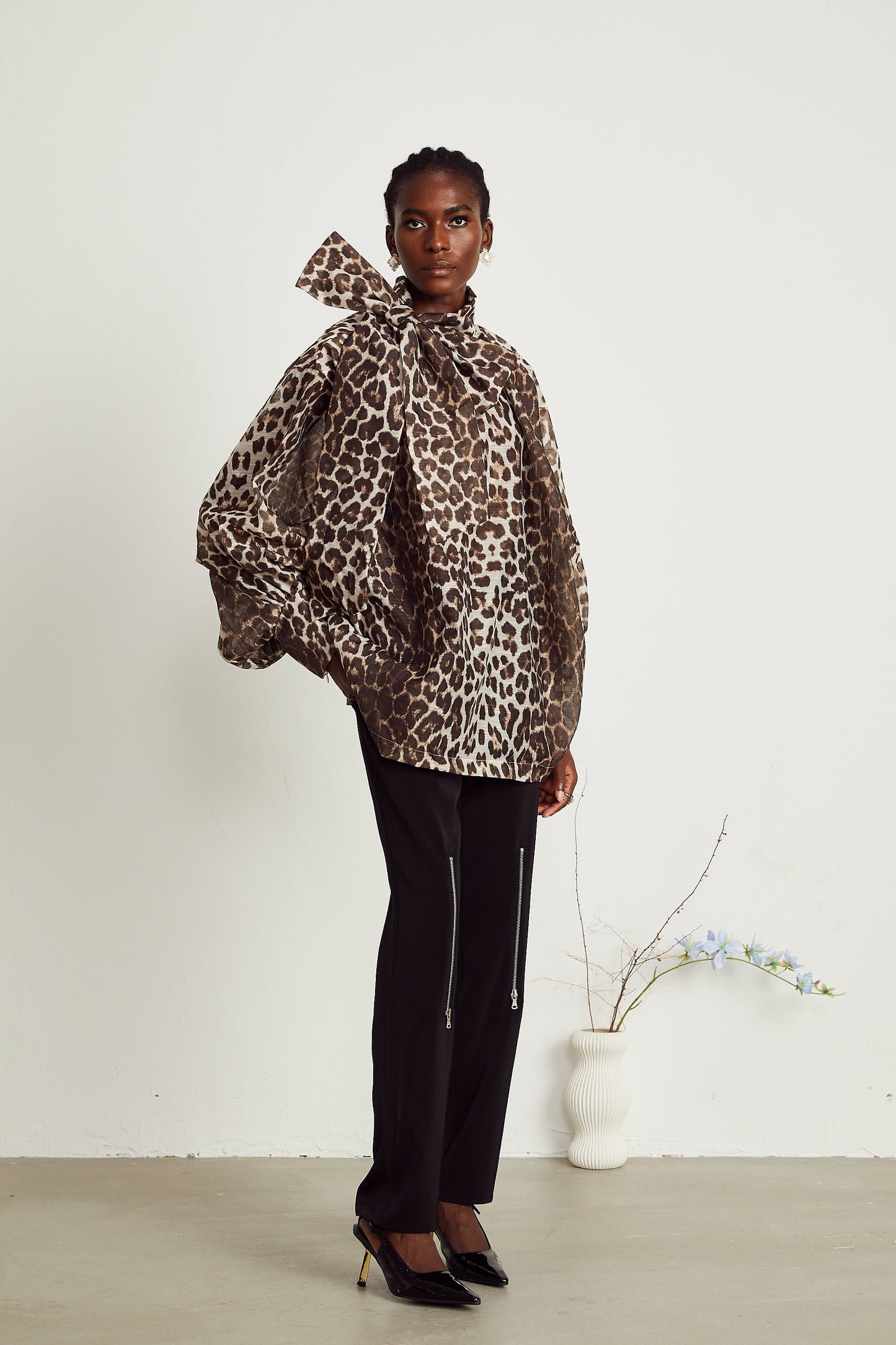 La Fauve — Leopard silk-touch blouse with scarf tie