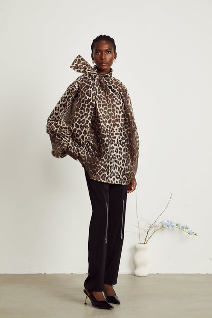 La Fauve — Leopard silk-touch blouse with scarf tie