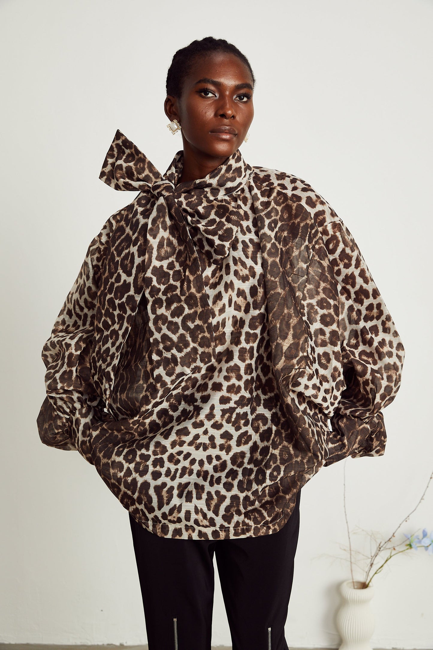 La Fauve — Leopard silk-touch blouse with scarf tie