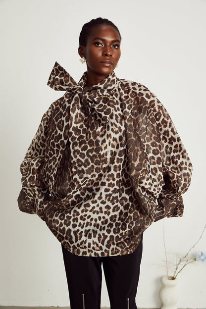 La Fauve — Leopard silk-touch blouse with scarf tie