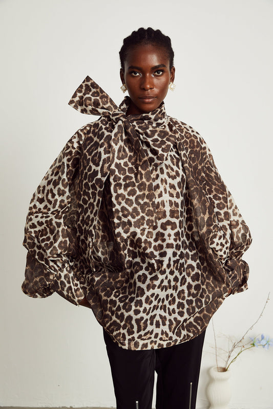 La Fauve — Leopard silk-touch blouse with scarf tie