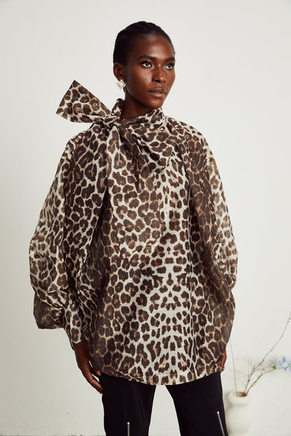 La Fauve — Leopard silk-touch blouse with scarf tie