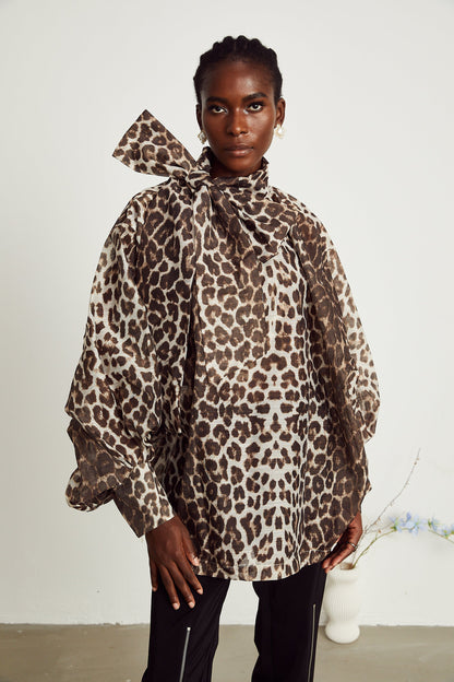 La Fauve — Leopard silk-touch blouse with scarf tie