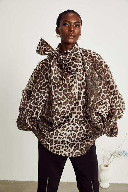 La Fauve — Leopard silk-touch blouse with scarf tie