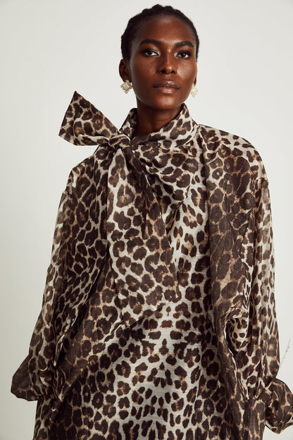 La Fauve — Leopard silk-touch blouse with scarf tie