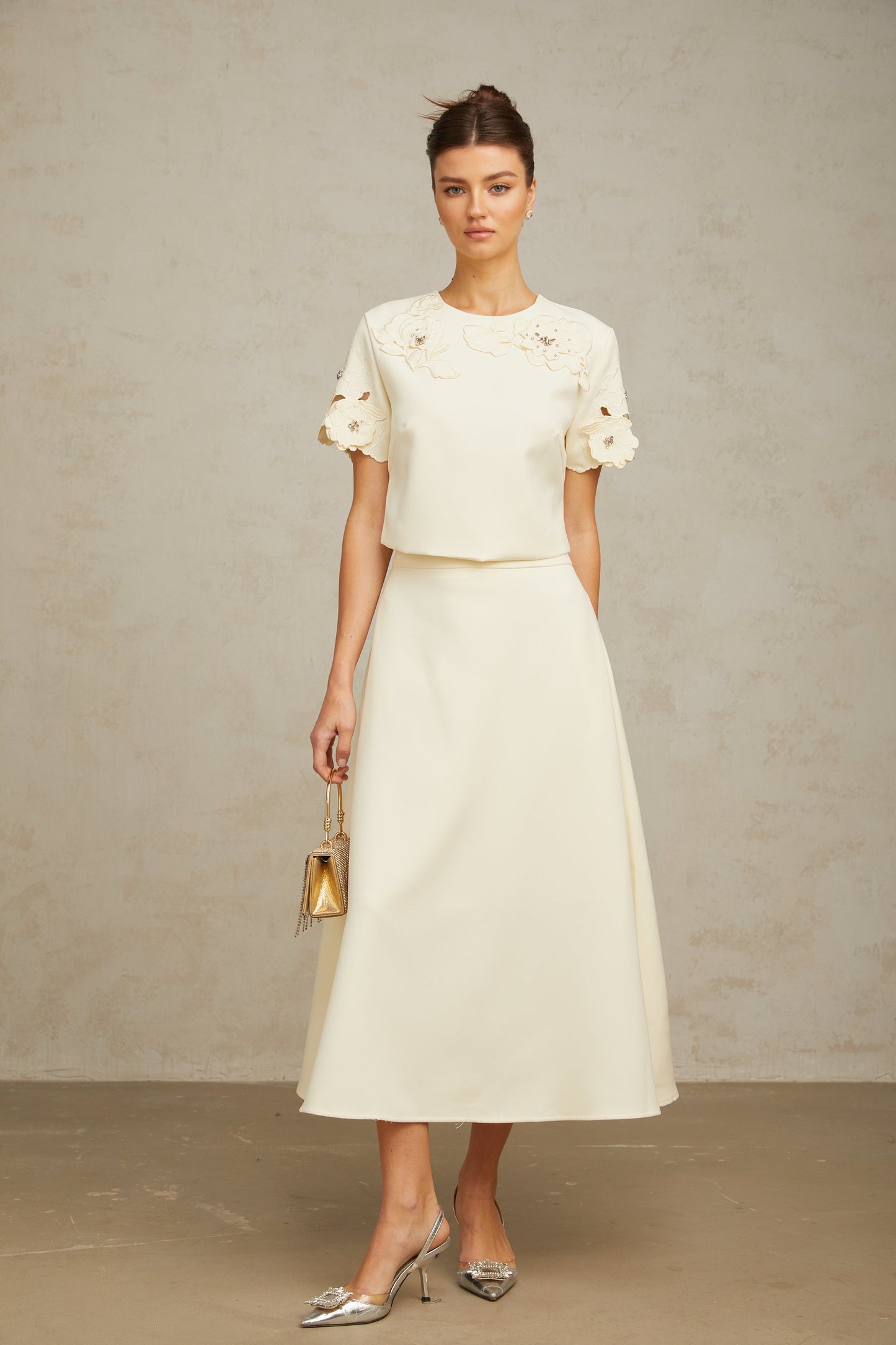 La Pétale Élégante — Embellished petal top and A-line skirt