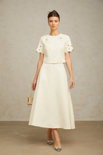 La Pétale Élégante — Embellished petal top and A-line skirt