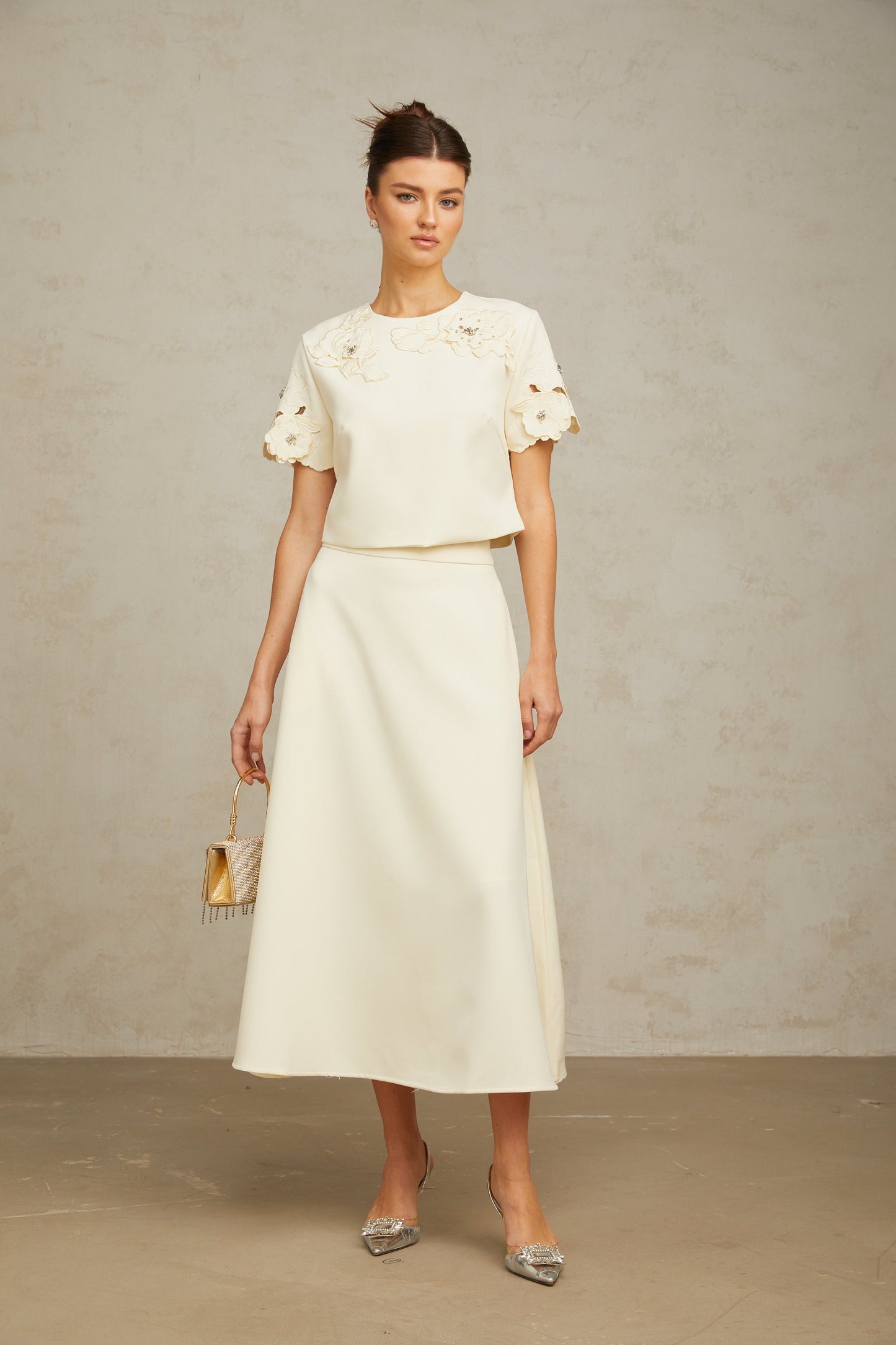 La Pétale Élégante — Embellished petal top and A-line skirt