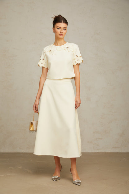La Pétale Élégante — Embellished petal top and A-line skirt