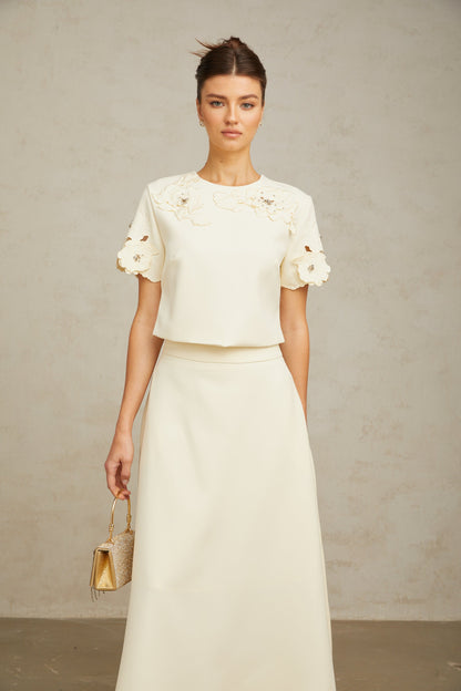 La Pétale Élégante — Embellished petal top and A-line skirt