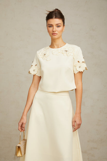 La Pétale Élégante — Embellished petal top and A-line skirt