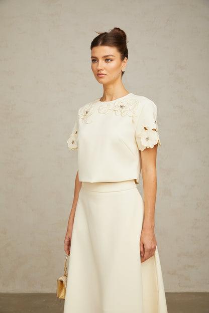 La Pétale Élégante — Embellished petal top and A-line skirt