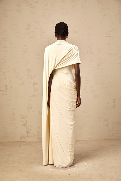 La Cape Sereine — Draped stretch maxi dress with asymmetrical cape