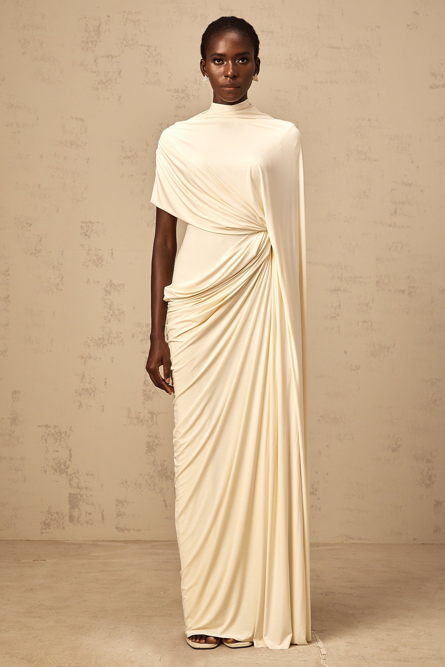 La Cape Sereine — Draped stretch maxi dress with asymmetrical cape