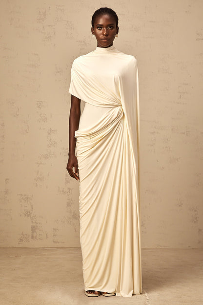 La Cape Sereine — Draped stretch maxi dress with asymmetrical cape
