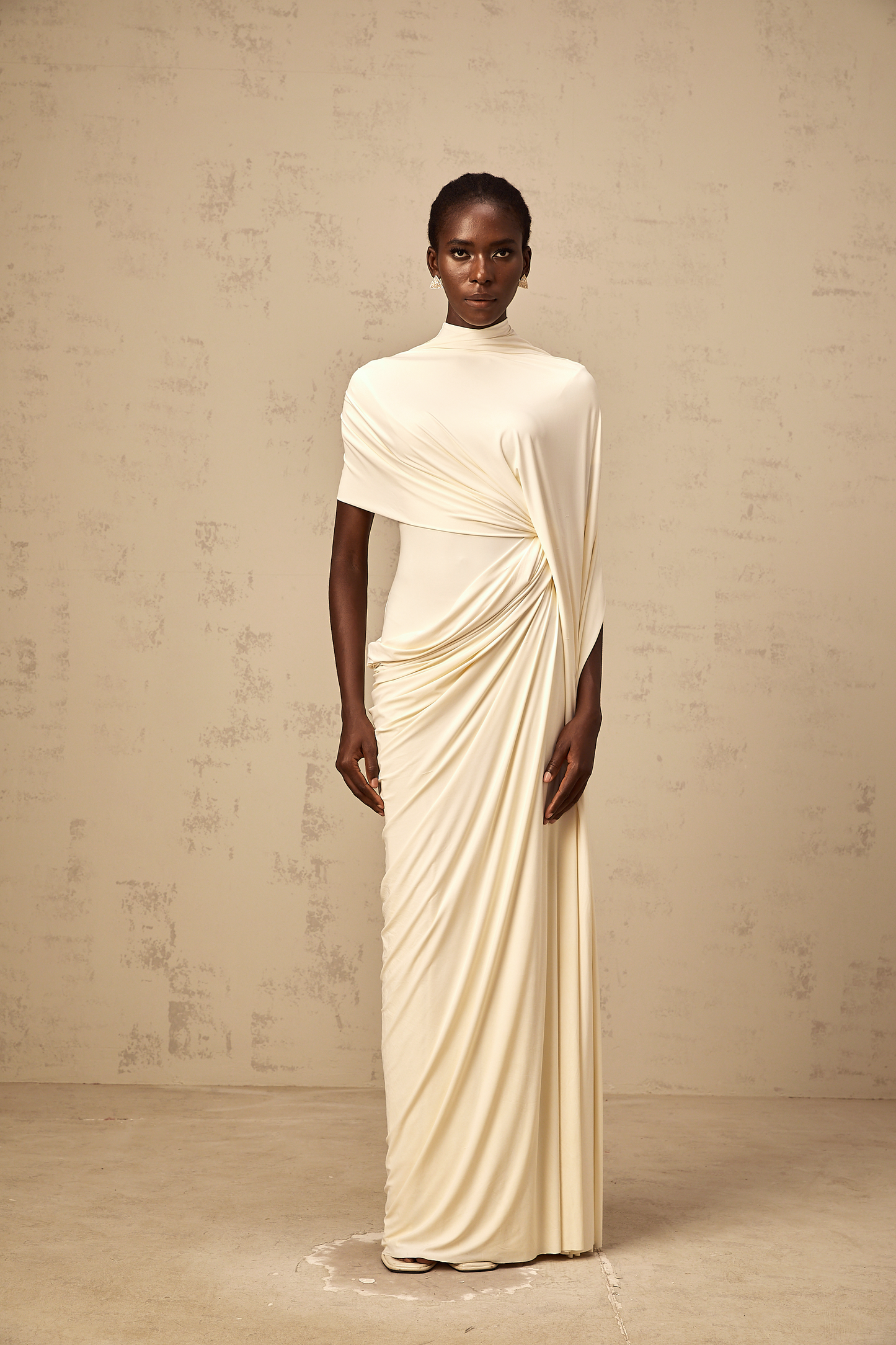 La Cape Sereine — Draped stretch maxi dress with asymmetrical cape