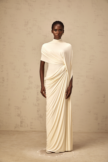 La Cape Sereine — Draped stretch maxi dress with asymmetrical cape