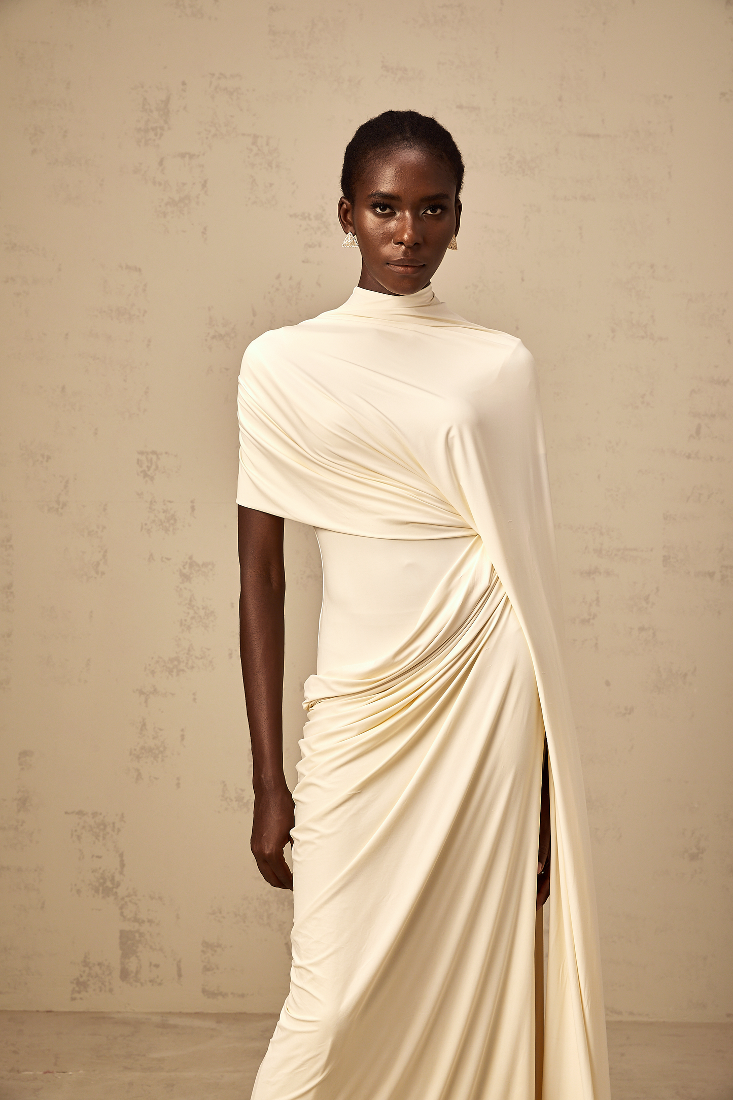 La Cape Sereine — Draped stretch maxi dress with asymmetrical cape