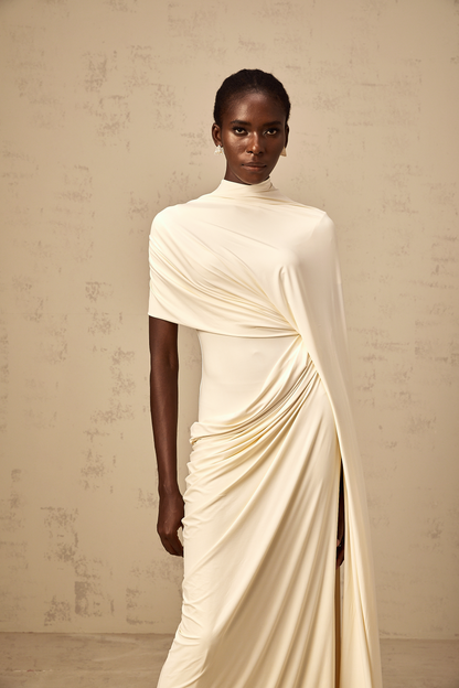 La Cape Sereine — Draped stretch maxi dress with asymmetrical cape